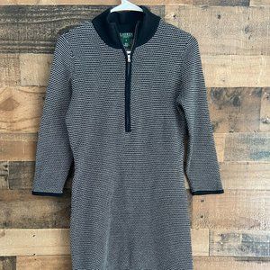 Lauren Ralph Lauren Pencil Sweater Dress 3/4 Sleeve Collared Zip Neck Size M